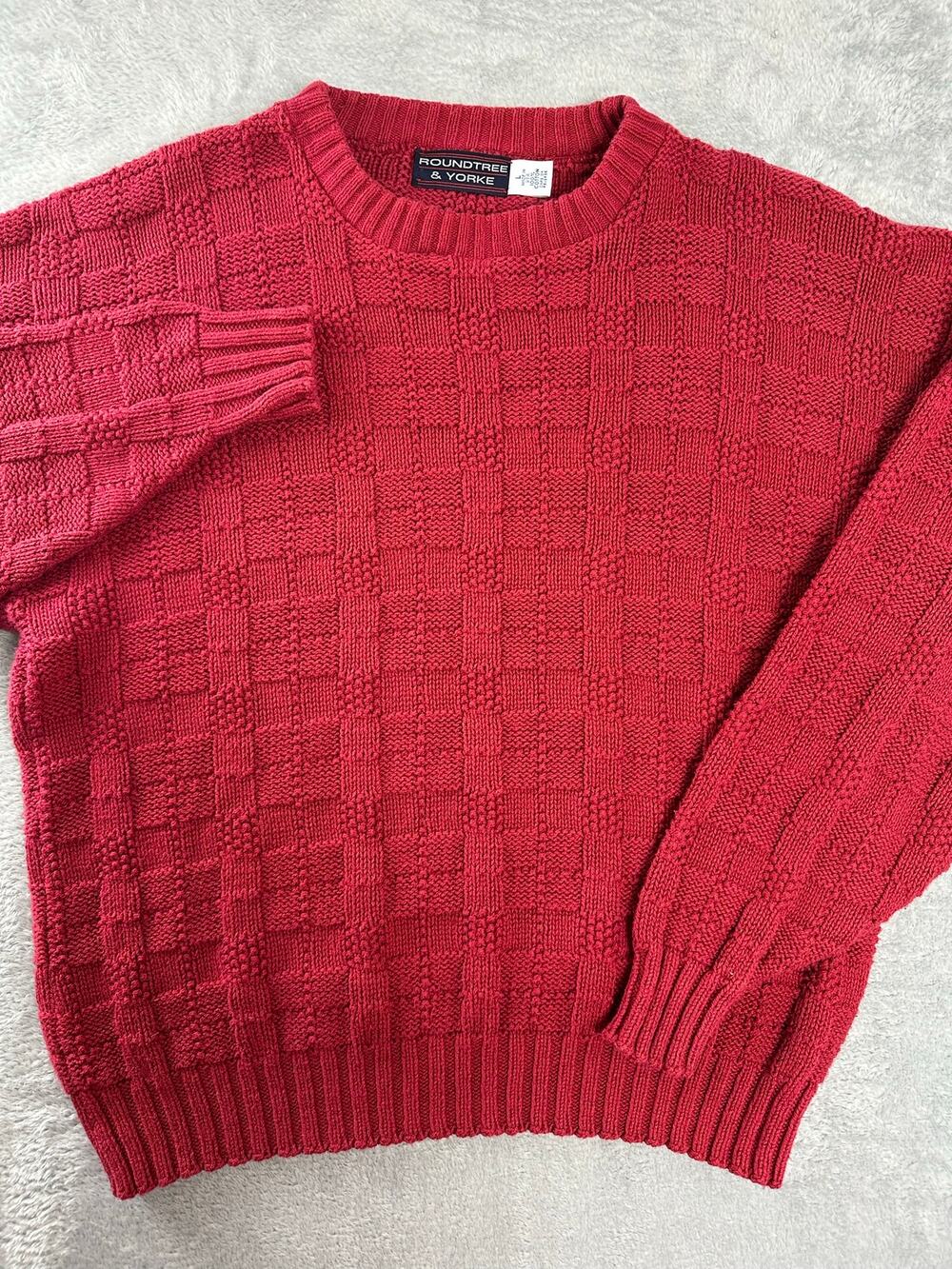 Vintage 90s Roundtree & Yorke Red Cable Knit Fisherman Crewneck Sweater Mens L